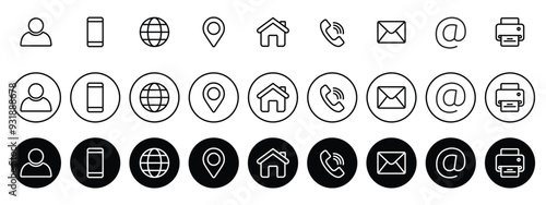 Contact us icon set. Business card,  Containing user, Phone, Website, Location, Address, telephone, mail, fax, symbol sign for apps and website, Communication contact, vector illustration.
