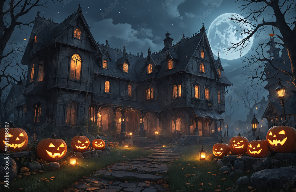 3d halloween render haunted house moon night pumpkin 3d halloween render haunted house moon night pumpkin