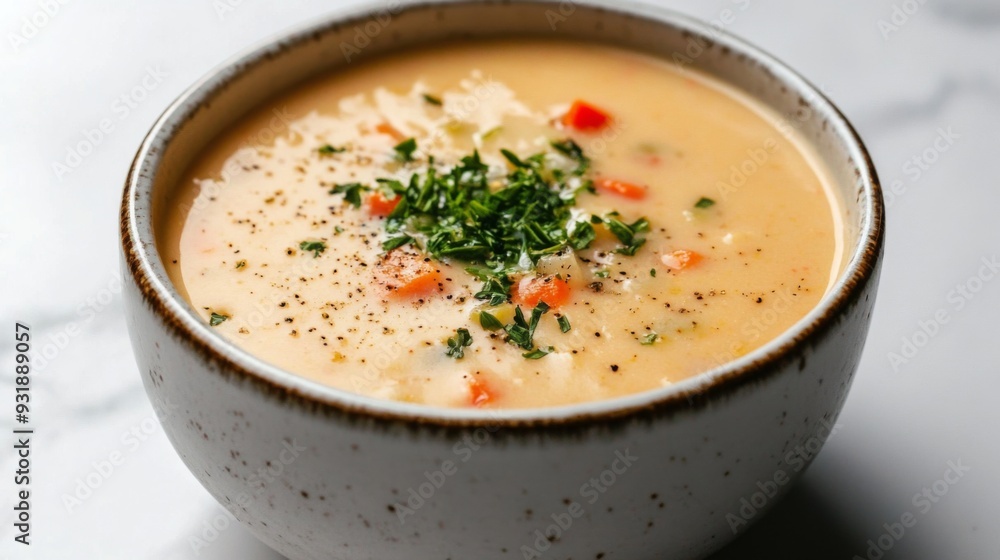 Detailed shot of a hot bowl of creamy soup, with visible chunks of vegetables and garnished with a sprinkle of fresh herbs, set on a pristine white surface. Detailed shot of a hot bowl of creamy soup, with visible chunks of vegetables and garnished with a sprinkle of fresh herbs, set on a pristine white surface.