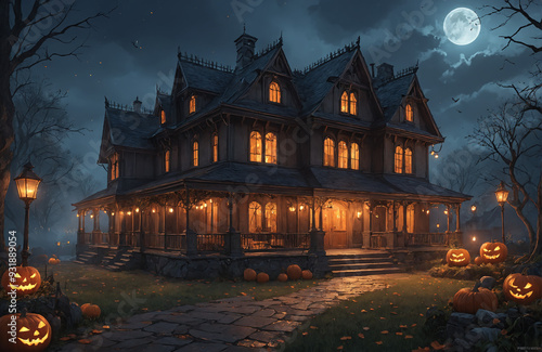 3d halloween render haunted house moon night pumpkin