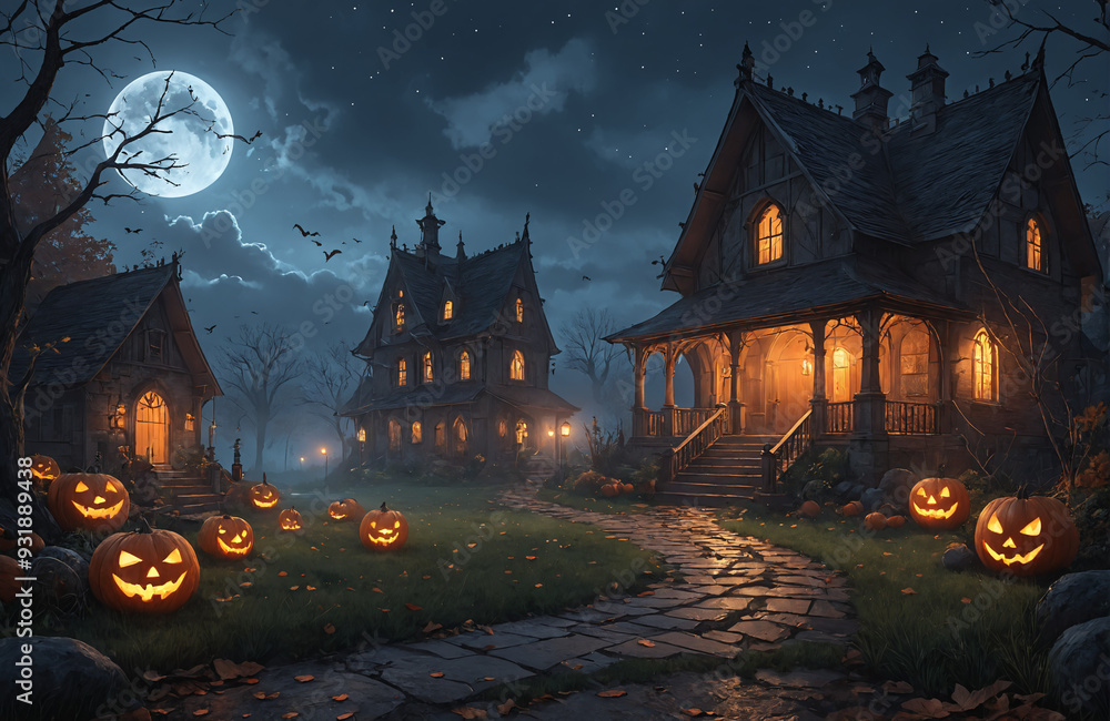 3d halloween render haunted house moon night pumpkin 3d halloween render haunted house moon night pumpkin