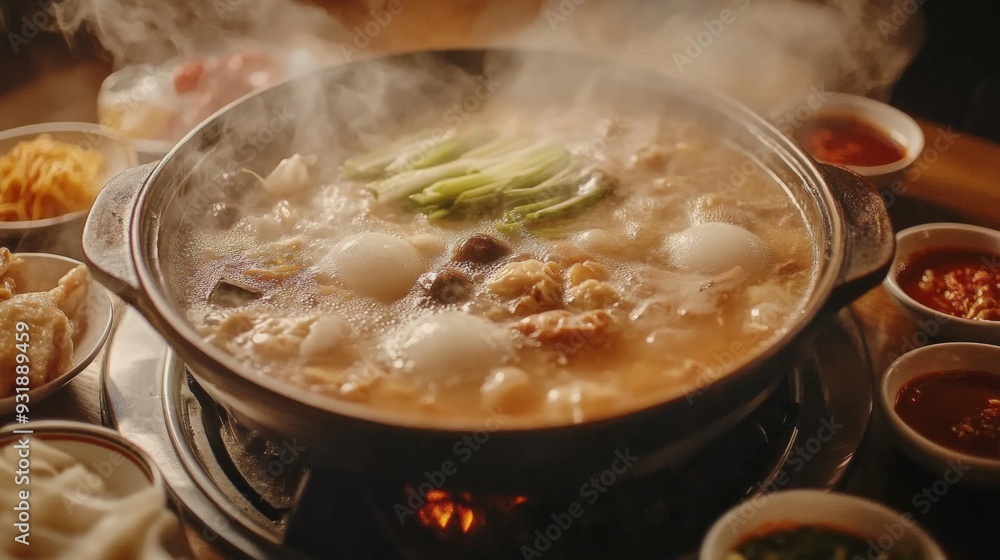 Detailed shot of a hot pot with various dipping sauces on the side, capturing the steam and sizzling ingredients as they cook in the pot. Detailed shot of a hot pot with various dipping sauces on the side, capturing the steam and sizzling ingredients as they cook in the pot.