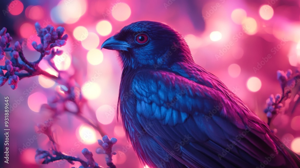 Detailed shot of a majestic bird with bright feathers, sitting gracefully against a backdrop of glowing, softly diffused lights, adding a dreamy quality to the scene. Detailed shot of a majestic bird with bright feathers, sitting gracefully against a backdrop of glowing, softly diffused lights, adding a dreamy quality to the scene.