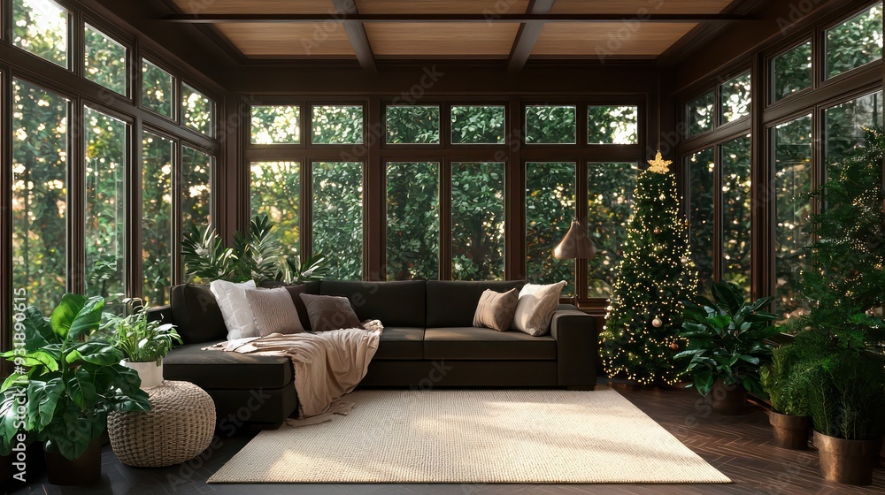 A living room with a couch, a potted plant, and a Christmas tree. The room is decorated with a white rug and a few potted plants. The mood of the room is cozy and inviting A living room with a couch, a potted plant, and a Christmas tree. The room is decorated with a white rug and a few potted plants. The mood of the room is cozy and inviting