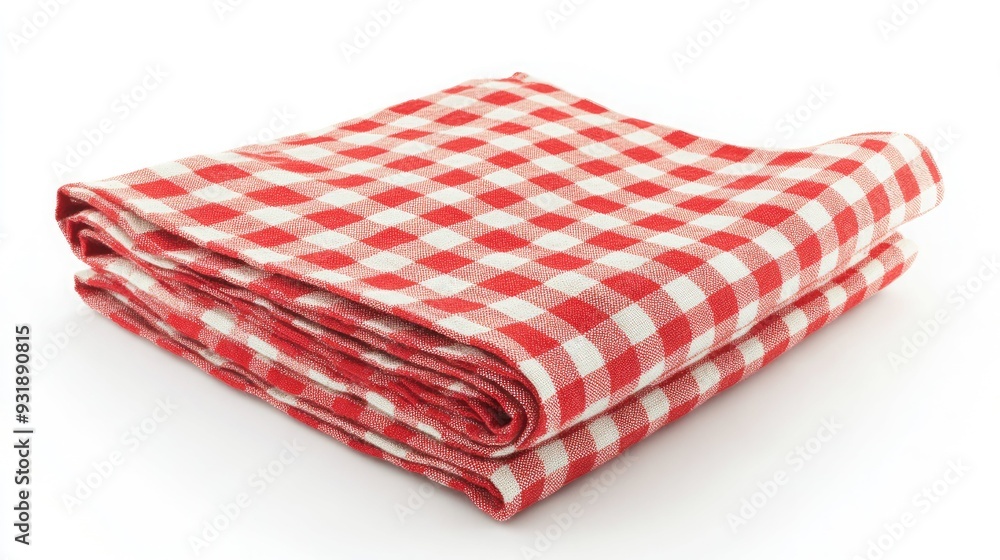 Folded red and white checkered tablecloth on a white background. Folded red and white checkered tablecloth on a white background.