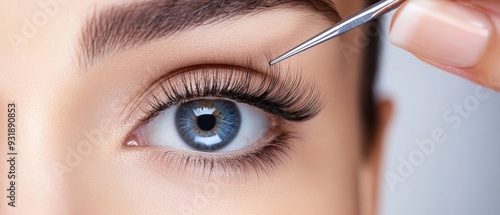 Close-up of a Woman's Eye with Eyelash Extensions Being Applied