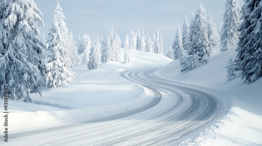 A snowy road with trees in the background. The road is curved and has a lot of snow on it A snowy road with trees in the background. The road is curved and has a lot of snow on it