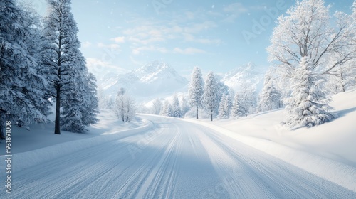 A snow covered road with trees in the background. The road is empty and the sky is clear