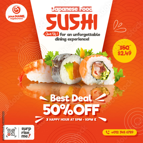 Sushi Japanese Food Banner, Sushi restaurant flyer template