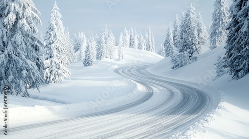 A snowy road with trees in the background. The road is curved and has a lot of snow on it