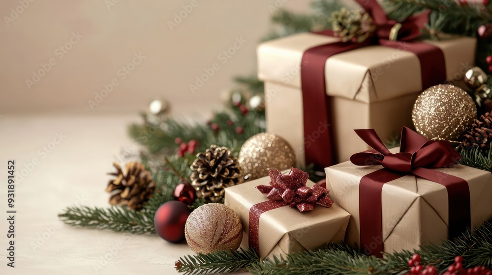 Three brown boxes with red ribbons and gold ornaments on top of a table Three brown boxes with red ribbons and gold ornaments on top of a table