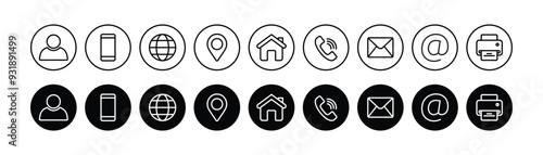 Contact us icon set. Business card,  Containing user, Phone, Website, Location, Address, telephone, mail, fax, symbol sign for apps and website, Communication contact, vector illustration.