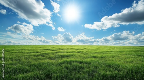 Wide, green grassy fields under a bright summer sky with fluffy white clouds, capturing the serene beauty of nature.