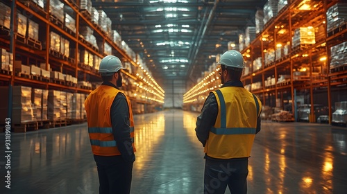 Engineers and architects on-site at a warehousing location, overseeing construction progress and planning, captured in a high-resolution realistic image.