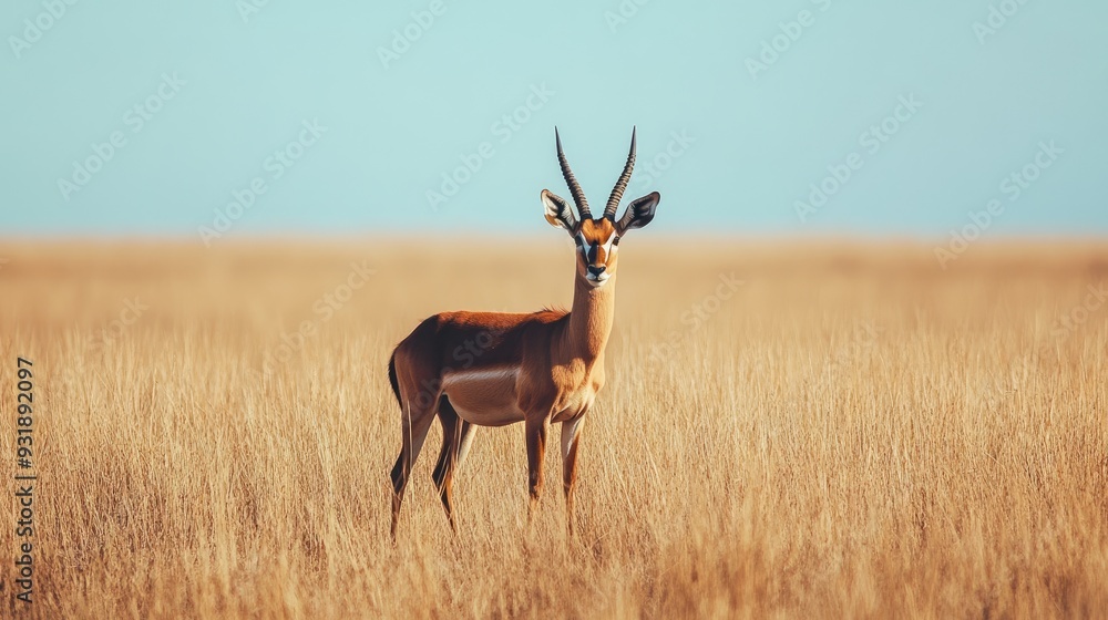 Wildlife photograph of an antelope in an open field, with a clean background and plenty of space for copy. Wildlife photograph of an antelope in an open field, with a clean background and plenty of space for copy.