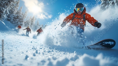 A group of friends snowboarding down a powdery slope, with the sun shining brightly overhead.