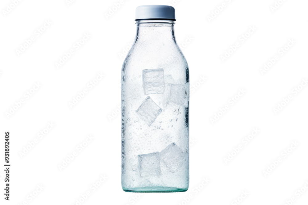 Naklejka premium frosted glass water bottle with a condensation pattern and a single ice cube, isolated on white background