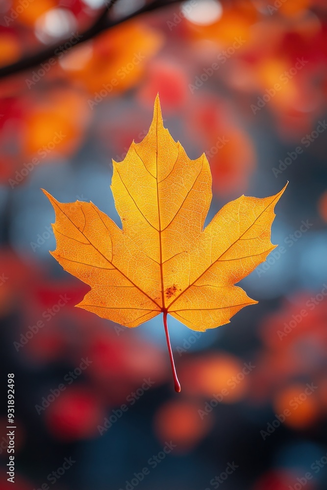 A Single Golden Maple Leaf Hanging Against a Blurred Background of Autumn Colors. A Single Golden Maple Leaf Hanging Against a Blurred Background of Autumn Colors.