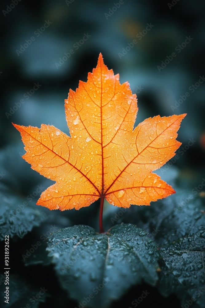 A Single Maple Leaf in a Dewy Forest, Autumn Colors and Tranquility. A Single Maple Leaf in a Dewy Forest, Autumn Colors and Tranquility.