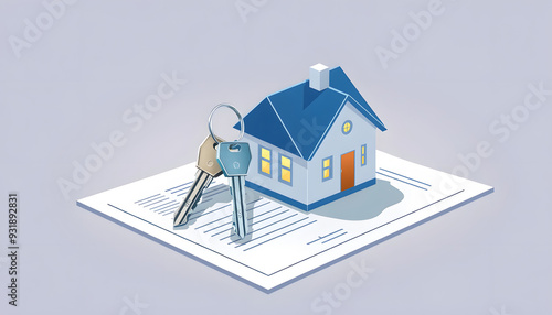 House keys on a contract of house sale isolated with white highlights, png photo