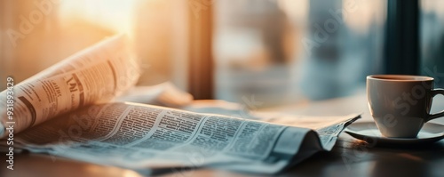 Close-up of a newspaper and a cup of coffee on a wooden table, bathed in warm morning sunlight, evoking a peaceful start to the day.