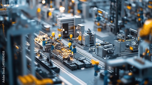 A detailed shot of an industrial assembly line, showing workers assembling components and quality control stations amid a bustling environment photo