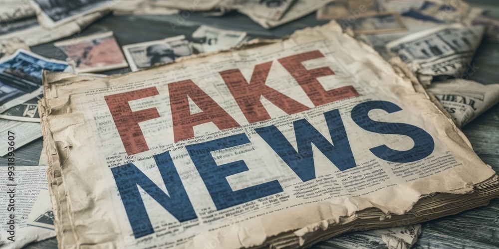 The impact of fake news highlighted in a cluttered media display with ...