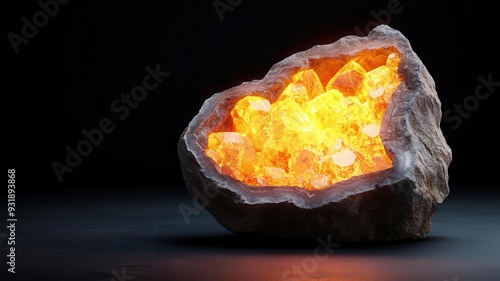 Glowing mineral geode with exposed chemical crystal interior, detailed and radiant, 3D illustration photo