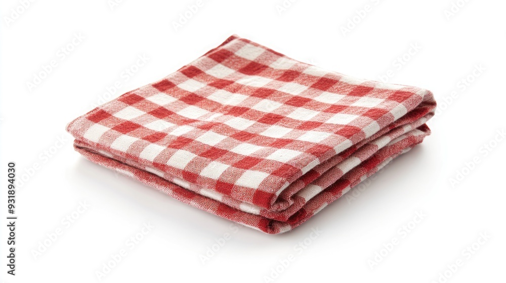 Red and white checkered kitchen towel folded isolated on white background. Red and white checkered kitchen towel folded isolated on white background.