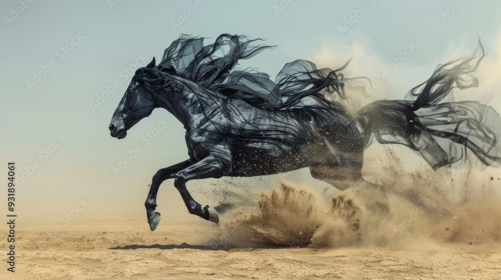 Fototapeta premium beautiful black horse galloping across the desert with its flowing mane and swirling dust captured in stunning detail, evoking a sense of fantasy and majesty in high-speed cinematic photography