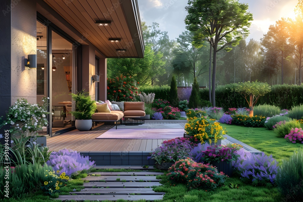 Serene Garden Retreat with Lush Landscaping and Cozy Seating Area Serene Garden Retreat with Lush Landscaping and Cozy Seating Area