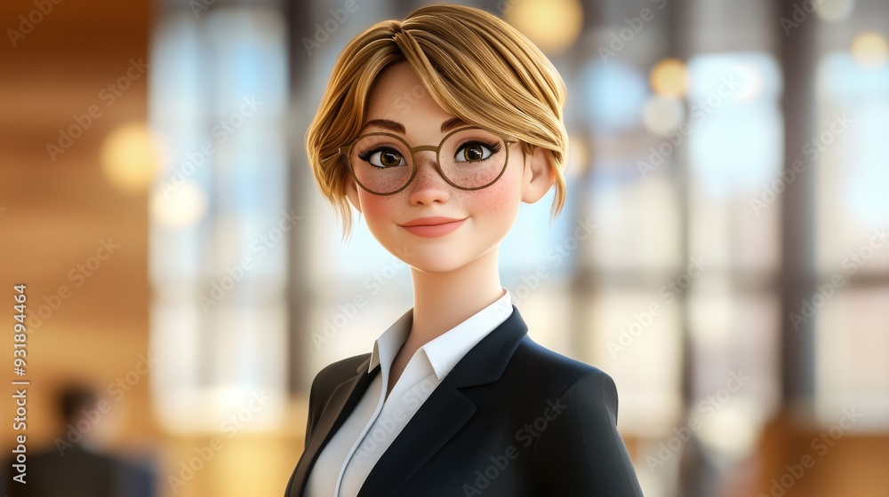 Fototapeta premium Joyful 3D Cartoon European Avatar in Business Attire with Professional Setting