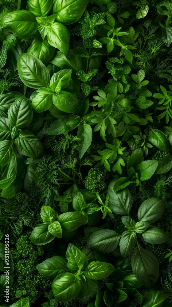 Overhead view of fresh herbs - basil, mint, dill, parsley - arranged together, showcasing vibrant greens, freshness, and natural vitality. Overhead view of fresh herbs - basil, mint, dill, parsley - arranged together, showcasing vibrant greens, freshness, and natural vitality.