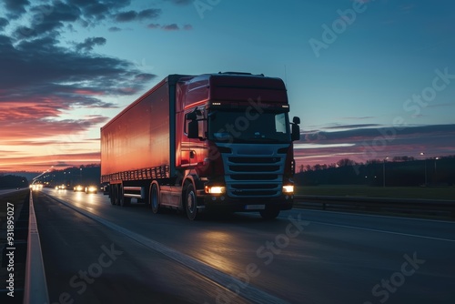 Electric cargo semi-trailer truck driving on the highway, transporting goods in the evening. Delivery and logistics concept for the future. Transportation of goods over long distances. Sunset time.