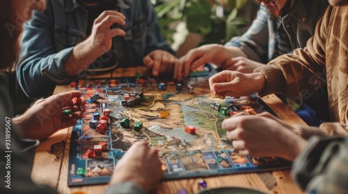 Four individuals playing a board game with a map on a large wooden table. Friendly, casual atmosphere with dice and game pieces. Female and male players immersed in gameplay.