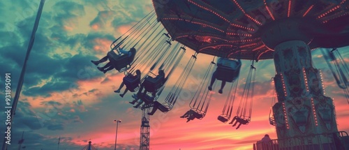 Vibrant carnival image: swing ride with elated riders against sunset backdrop. Warm colors, long shadows, person watching the fun scene. Leisure and joy captured in the moment.