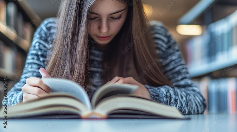 Young Woman Immersed in Literature: A Moment of Focused Reading in a Serene Library Setting. Young Woman Immersed in Literature: A Moment of Focused Reading in a Serene Library Setting.