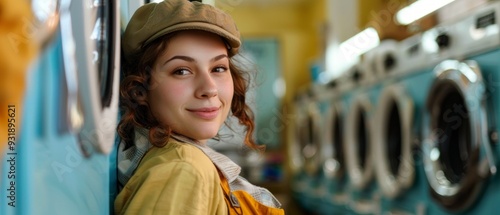 Young woman in yellow jacket and brown cap smiles in launderette with multiple washing machines, indicating laundry setting.
