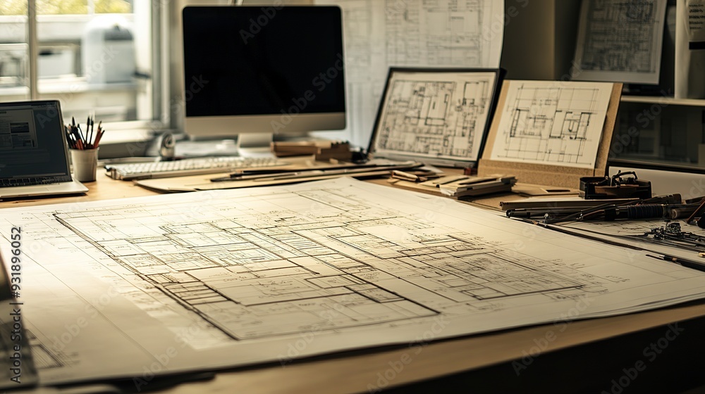 Obraz premium detailed architectural plans spread out on a drafting table, showcasing intricate floor plans, elevations, and annotations, with drafting tools