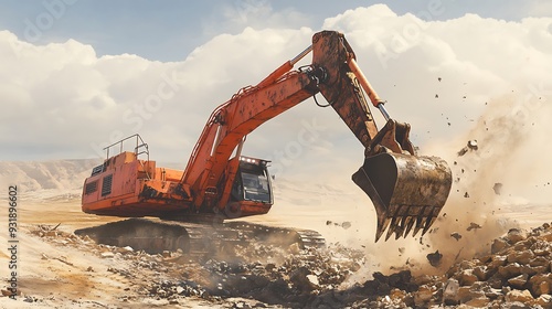 Orange Excavator Digging Rocks in a Desert Landscape