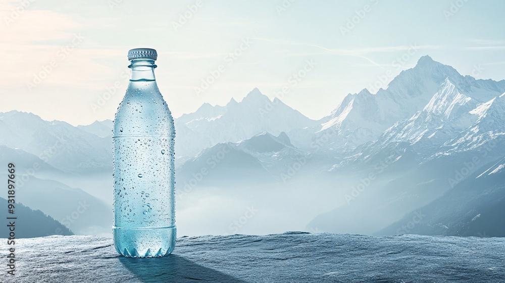 A bottle of cold, refreshing mineral water is set against a backdrop of snow-capped mountains, with the water glistening in the sunlight. The bottle is covered in condensation, emphasizing its A bottle of cold, refreshing mineral water is set against a backdrop of snow-capped mountains, with the water glistening in the sunlight. The bottle is covered in condensation, emphasizing its