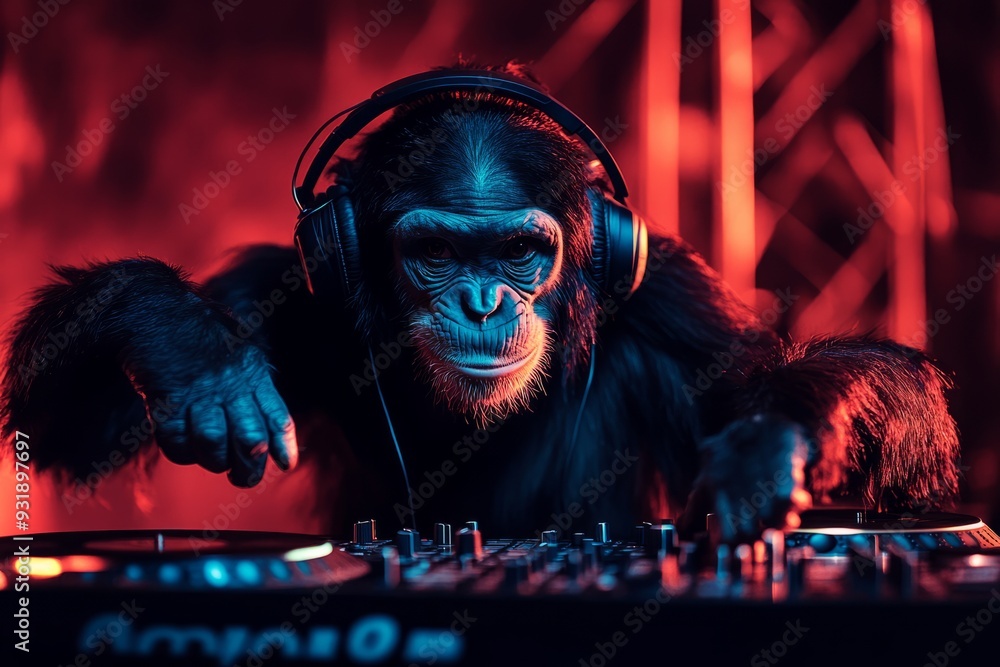 Monkey DJing at a Colorful Party