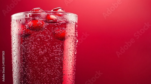 A glass of chilled pomegranate juice is captured against a vibrant, red background, with the juice s deep red hue reflecting in the glass. The glass is frosty, with condensation droplets catching the photo