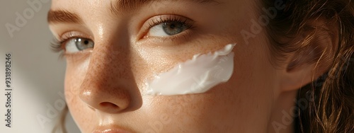 A close-up shot of the model applying cream to her face, highlighting its gentle texture and soothing effect on the skin's health