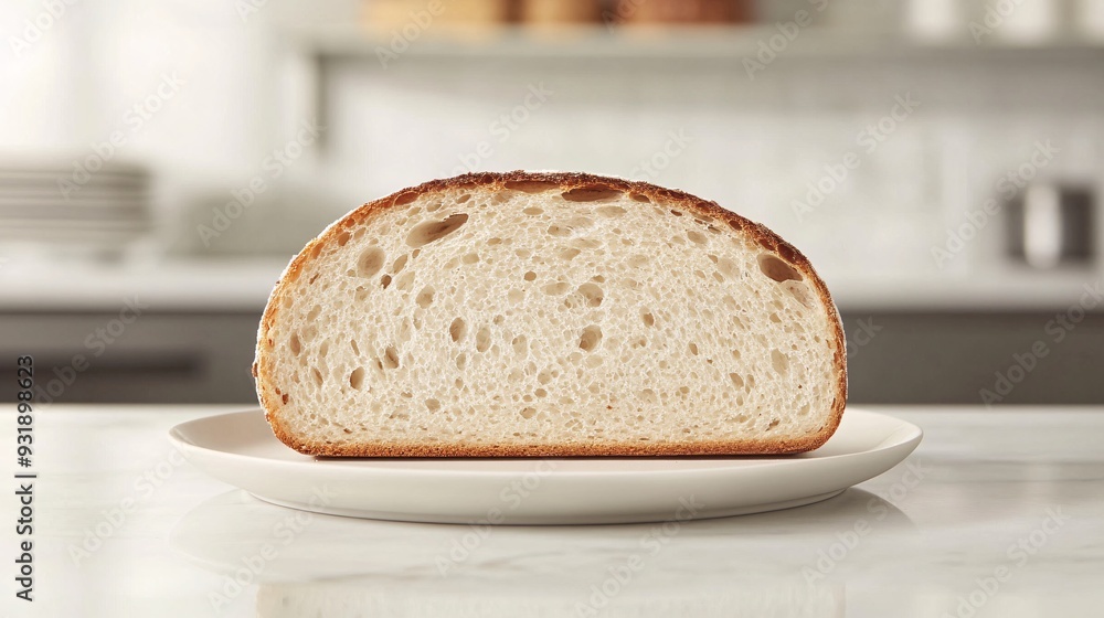 A close-up shot of a thick slice of artisanal sourdough bread, showcasing its chewy crumb and crunchy crust. The slice is placed on a plain white plate with a minimalistic background, leaving ample