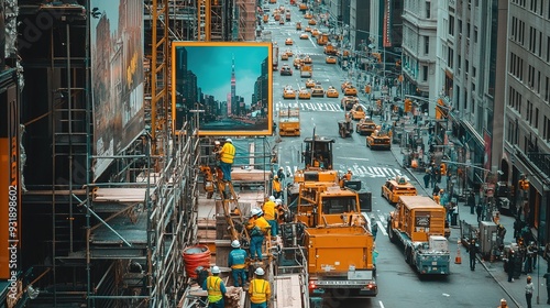 A construction crew installing a new billboard on a busy street photo