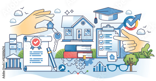 Real estate classes for housing market bachelor degree outline hands concept. Understanding property value and market tendencies after learning for official agent certificate vector illustration.