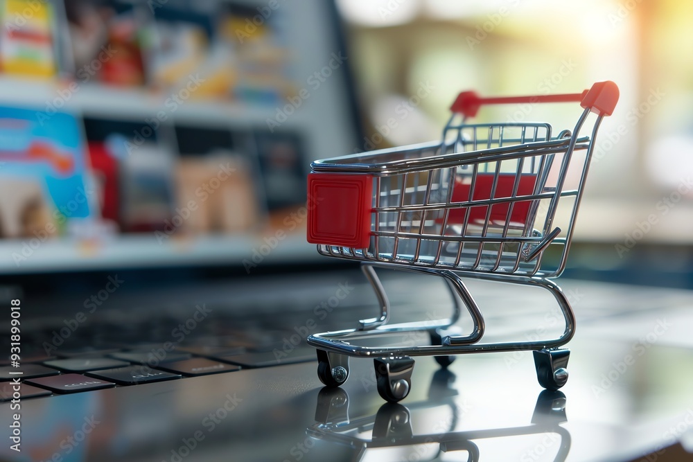 Mini shopping cart on laptop keyboard, representing online shopping and e-commerce. Mini shopping cart on laptop keyboard, representing online shopping and e-commerce.