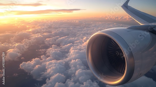 Airplane Engine Above the Clouds at Sunset