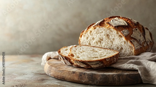 A rustic loaf of sourdough bread, partially sliced, sits on a wooden cutting board with a simple linen cloth underneath. The bread s texture is detailed, showing the chewy crumb and crunchy crust.